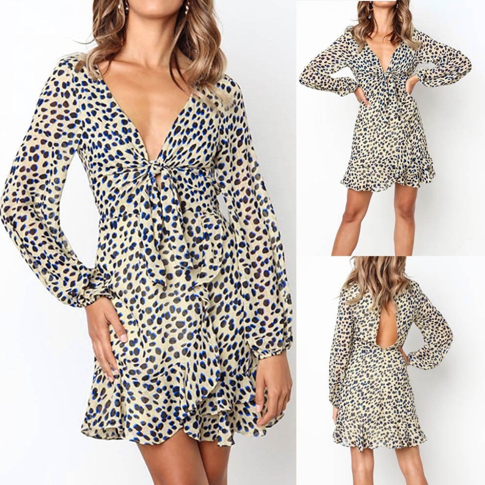 Leopard Printed Dress Women Autumn Long Sleeve Hig